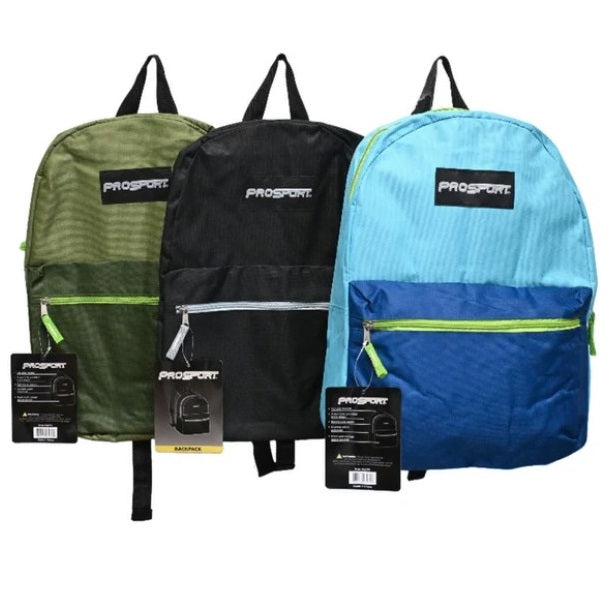 Three ProSport backpacks in green, black, and blue with price tags.